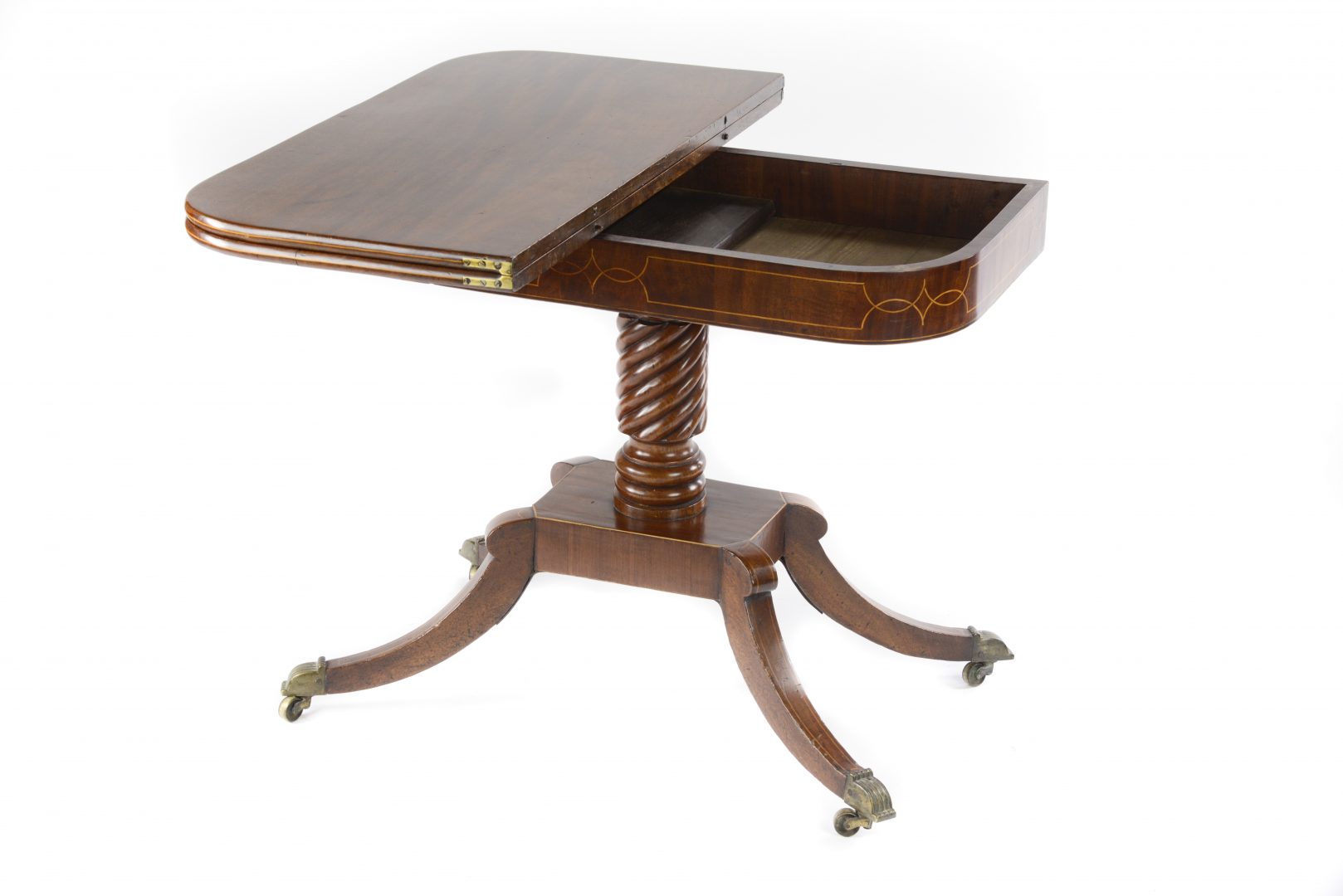 Regency Fold Over Top Tea Table on a Four Leg Pedestal Base With Box
